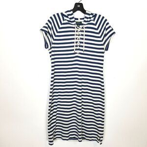 Lauren Ralph Lauren Women Nautical Striped Hooded  Dress Sz L Blue white Cotton